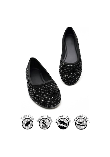 Günlük Altın Kadın Babet Oval Burun Gümüş Taşlı Saten Ortopedik Hafif Ev İş Ofis Ayakkabı 38 Siyah