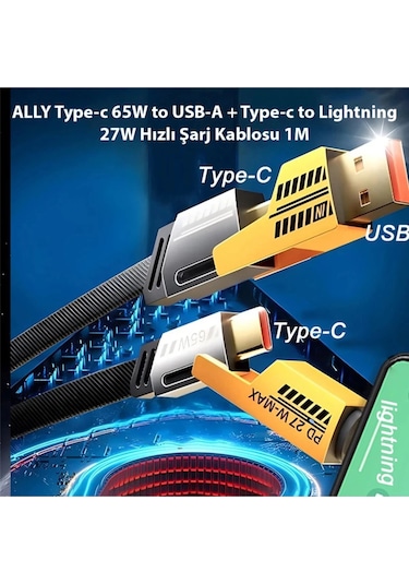Buğz 4in1 Type-c 65w To Usb-a + Type-c To Lightning 27w Hızlı Şarj Kablosu Siyah
