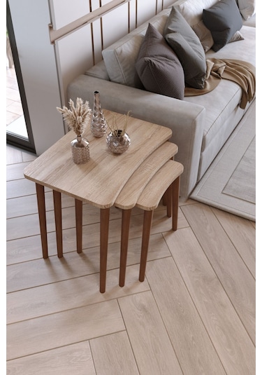 Zuesse Dizayn Reyhan 3lü Zigon Sehpa & Yan Sehpa Ahşap Ayaklı Salon Seti Çay Sehpası - Sonomo