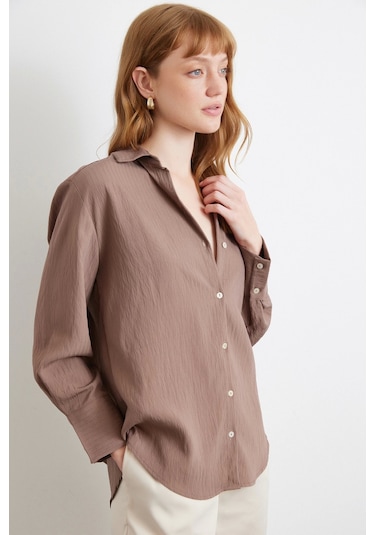 Paralel Çizgili Gömlek Kahve Kahve
