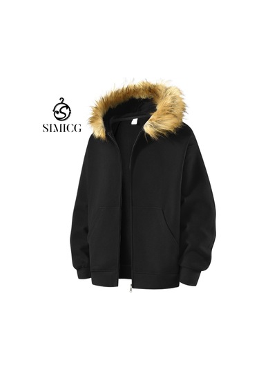 Erkek Sonbahar Ve Kış Suni Kürk Yaka Fermuarlı Sweatshirt Ceket Siyah