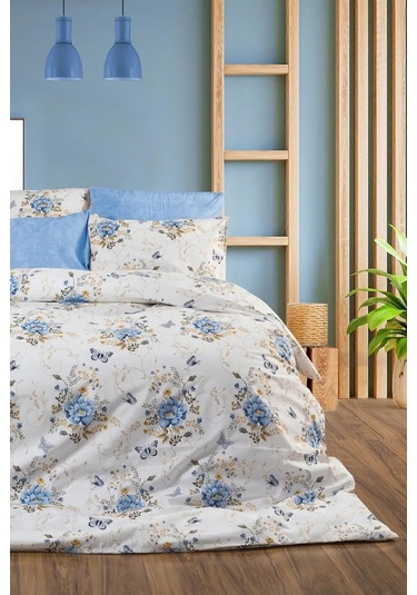 Çiçekli Desenli Çift Kişilik Nevresim Mavi