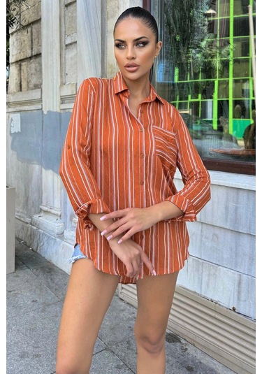 Kadın Kiremit Uzun Kol Özel Kumaş Tek Cep Gömlek Dik Çizgili Arkası Uzun Basic Kesim Gömlek Kiremit