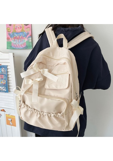 Jeemson Bej Renkli Nylon Çanta, Bow Dekorasyonlu, Çok Bölmeli, Ayarlanabilir Askılı Kemerli, Üniversite/ Günlük Kullanıma Uygun Sırt Çantası Çok Renkli