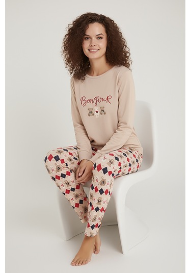 Luxury Thermal Bonjour Köpek Desenli Kadın Polar Kışlık Pijama Takımı 42042 Bej