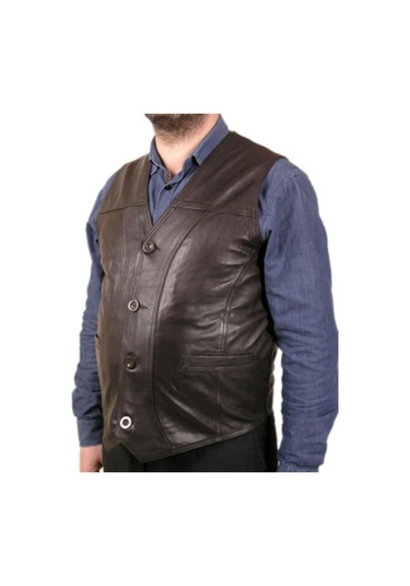 Hakiki Kuzu Derisi Düğmeli Erkek Deri Yelek Kahverengi Kahve