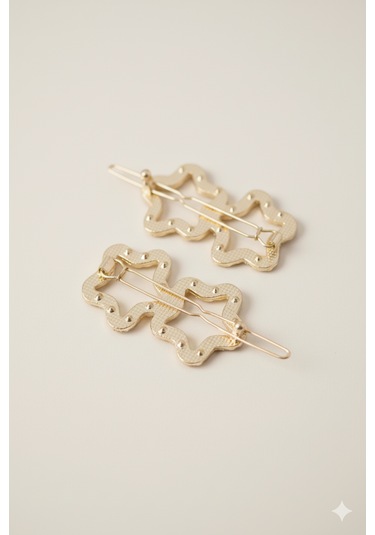 İkili Yıldız Şekilli Metal Toka, Metal Klipsli İkili Yıldız Toka 2 Adet Altın