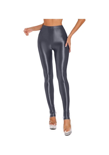 Kadın Parlak Üzengi Tayt Yüksek Bel Elastik Bel Tayt Spor Salonu Yoga Egzersiz Pantolonları Karın Kontrol Spor Pantolonları Gri