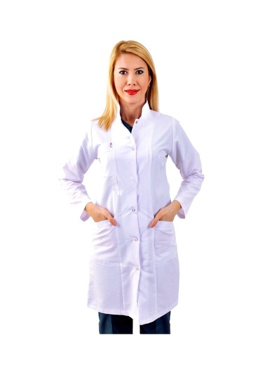 Hakim Yaka Arkadan Kemerli Kadın Vizit Önlük Beyaz