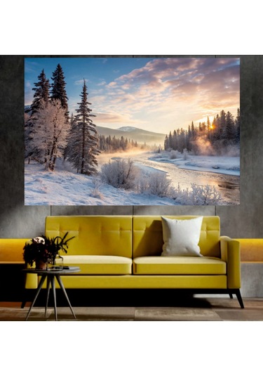 Nehir Ve Kar Manzaralı Sanatsal Dekoratif Duvar Tablosu