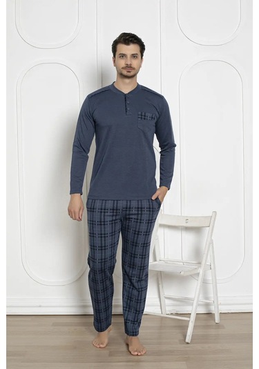 Erkek Ekose Desen Likralı Pamuk Uzun Kol Kışlık İnterlok Göğüs Cepli Pijama Takımı İndigo
