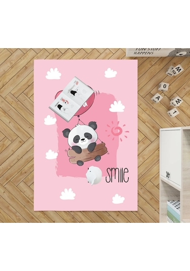 Sevimli Panda Dijital Baskı Çocuk Oda Halısı Pembe