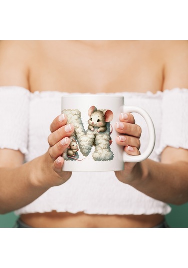 M Harfi Tasarım Bardak, Sevimli Hayvan Temalı Harf Bardağı Beyaz