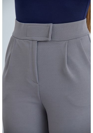 Kadın Gri Cırt Cırtlı Kapama Rahat Palazzo Likralı Esnek Beli Lastikli Pantolon Yüksek Bel Gri