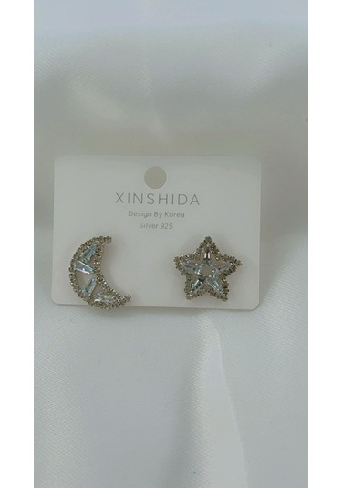 Kadın Ay Yıldız Model Küpe Gümüş Renk Gümüş