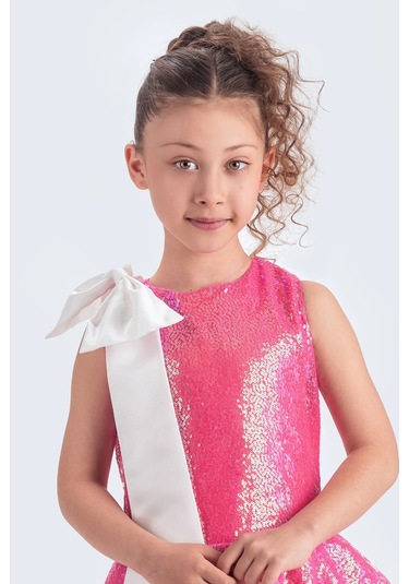 Etekli Şık Elbise Pullu 3 Kat Fuşya