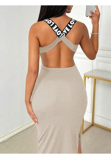 Kadın Yuvarlak Yaka Sırttan Çapraz Şerit Love Detaylı Yırtmaçlı Viskon Elbise Bej