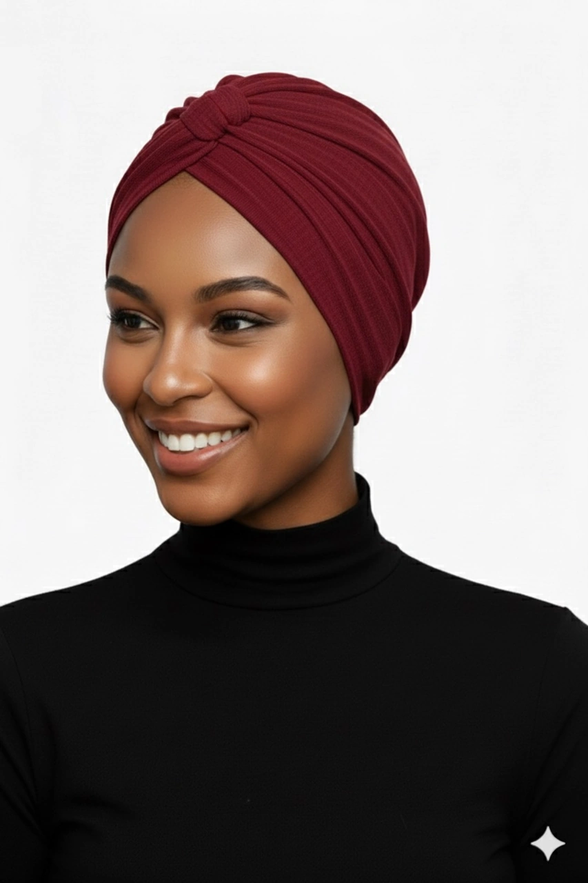 Pamuklu Bantlı Çapraz Astarlı Bordo Hazır Türban Tesettür Havuz Bonesi Bordo