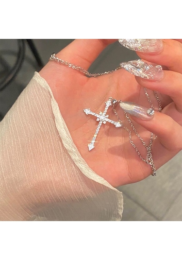 Jwl Haç Kolye Şık Hac Cross Taşlı Parlak Kolye Altın