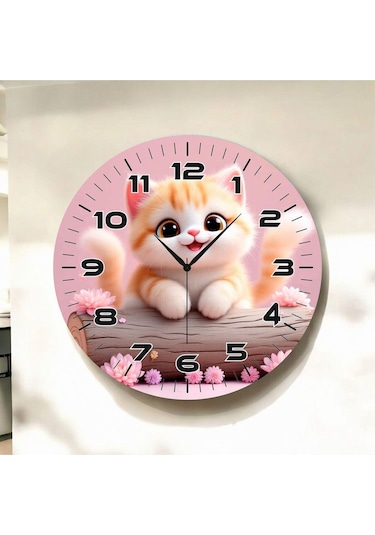 Kedi Renkli Baskı Çocuk Odası Desenli Sayılı Hediyelik Ahşap Sessiz Duvar Saati 50cm ÇOk Renkli