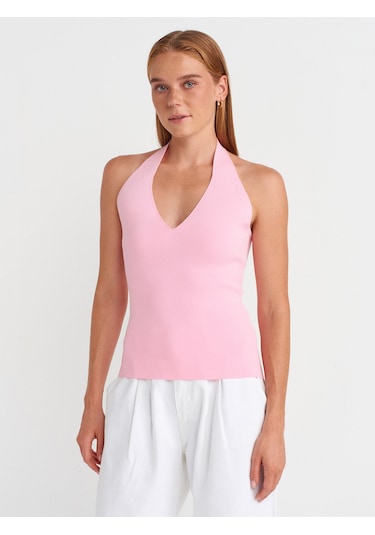 Dilvin 10794 Halter V Yaka Basıc Bluz-pembe Pembe