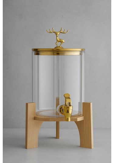 Qerhome Geyik Detaylı Bambu Standlı Şeffaf Cam Musluklu Şerbet- Meyve Suyu Içecek- Su Sebili 3,5 Lt