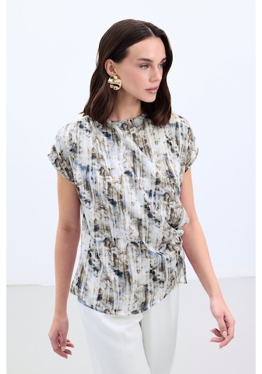 Sateen Pileli Kolsuz Bluz - İndigo-136862 İndigo