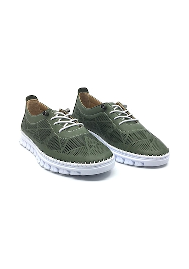 Taşpınar %100 Hakiki Deri Kadın Ortopedik Yazlık Günlük Akıllı Lastik Bağcıklı Ayakkabı 36-41 Yeşil