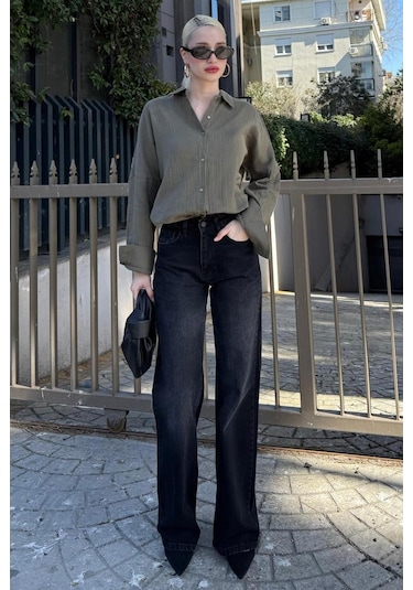 Madmext Haki Muslin Kumaş Basic Kadın Gömlek Mg1660 Haki