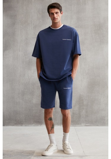 Colombıa  Erkek 2'li Set Comfort Fit Rahat Kalıp Yazı Nakışlı Şardonsuz Lacivert Eşofman Takımı