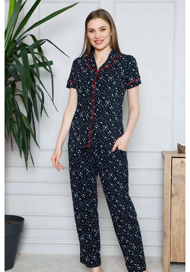 Alimer Kadın Lacivert Yıldız Desenli Kısa Kol Pijama Tkm 2536kk-l Lacivert