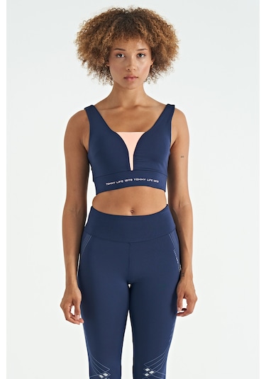 Tommy Life İndigo Yazı Baskılı Renk Bloklu Dar Kalıp Dalgıç Kumaş Kadın Büstiyer - 97271 İndigo