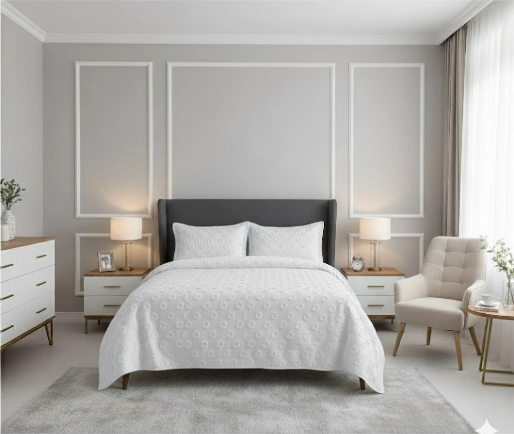 Jakarlı Sakallı Yatak Örtüsü Tek Kişilik Damla Ekru Diğer