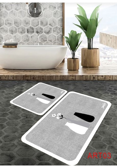 Eco Concept Banyo Paspası, Kaymaz Taban, Çiçek Desenli, Klozet Ta Gri - Beyaz