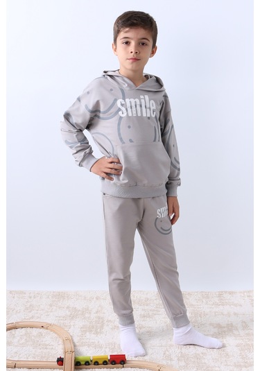 Erkek Çocuk Kapşonlu Eşofman Takımı Smile Baskılı Ribanalı F11 Gri