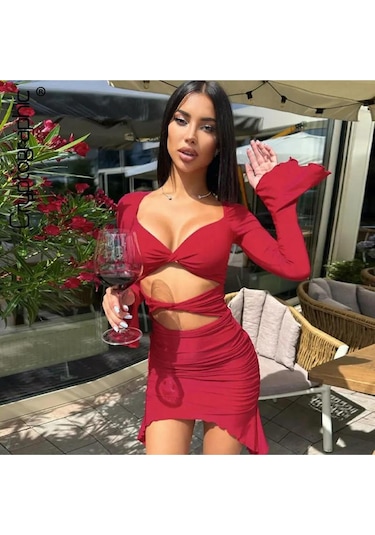 Flare Kollu Seksi Bodycon Kırmızı Mini Elbise