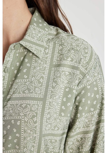 Defacto Gömlek Yaka Desenli Aerobin Uzun Kollu Kuşaklı Midi Elbise C2501AX24SMKH271