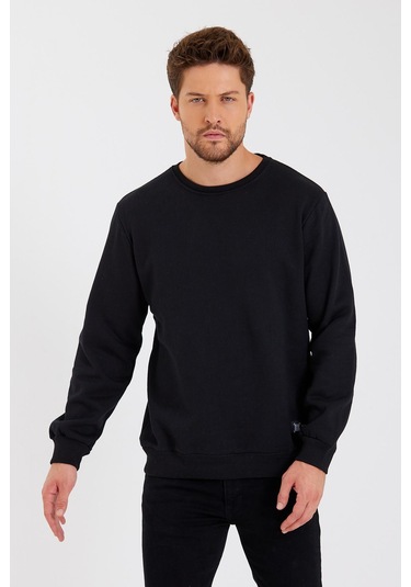 MMetalic Bisiklet Yaka Etiket Detayı İçi Pamuklu Erkek Sweatshirt Siyah