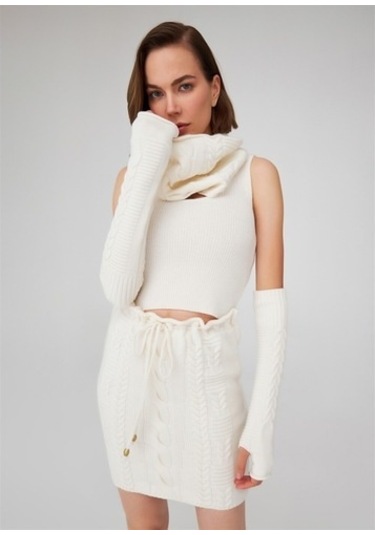 Peraluna Saç Örgü Desenli Kadın Triko Etek Ekru