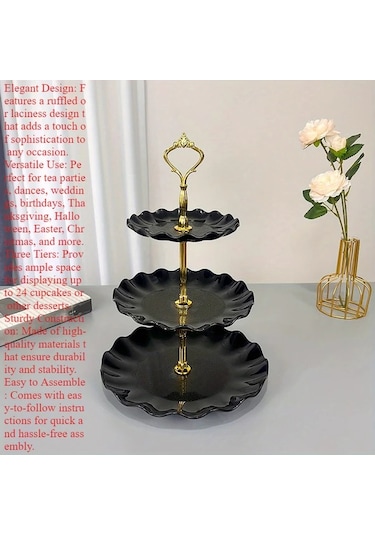 Dashanshop Ruffle Siyah Tek Parça 3 Katlı Porselen Kek Standı Kaymaz Tabanlı Dantel Desenli