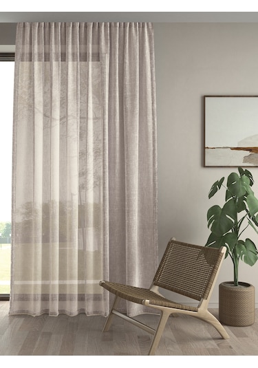 Keten Görünümlü Ekstrafor Büzgülü Krem Rengi Yüksek Kalite Tül Perde Krem Rengi