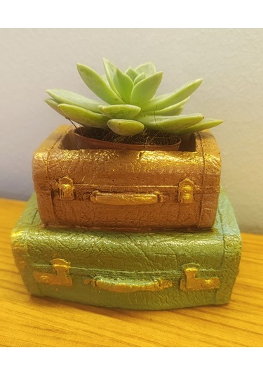 Artepieza Vintage Çift Bavul Saksı- Masaüstü Düzenleyici- Dekoratif Bavul Kalemlik Yeşil-kahve 12 8 1 Adet