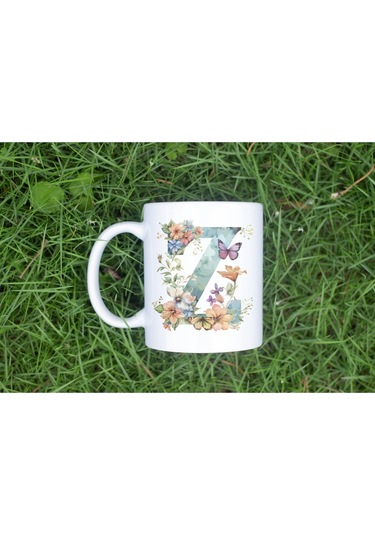 Z Harfi Çiçekli Kupa Bardak - Soft Renk Çiçek Ve Kelebek Desenli Zarif Kahve Kupası - Bohem Beyaz