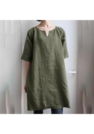 Kadın Düz Renk V Yaka Günlük Midi Elbiseler Yeşil