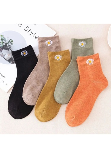 Moveevo Spor İçin Renkli Tam Pamuk Orta Bilek Çorapları - Ter Emici, Koku Engellici 5'li Paket Küçük Papatya Desenli Çok Renkli