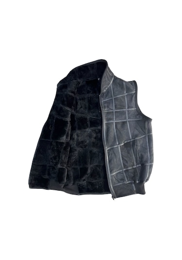 Patchwork Içi Kürk-Dışı Süet Hakikideri Yakalı Trikodetaylı Yelek