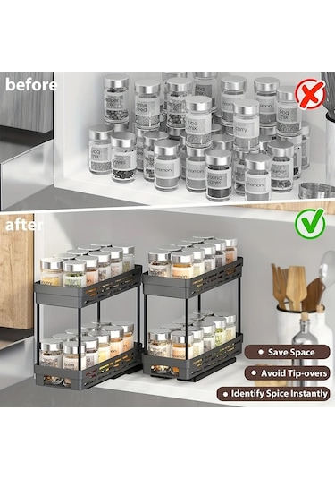 Honeybeeshop Siyah 2 Katlı Çekmeceli Baharatlık Rafı - Dayanıklı Kayar Kavanozlu Mutfak Düzenleyici Siyah