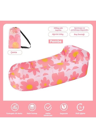 Novahub Desenli Şişme Koltuk, Baş Destekli Tek Kişilik Hava Yatağı, Kamp Ve Açık Hava Etkinlikleri İçin Taşınabilir Pembe, Kullanışlı Yastıklı Pembe