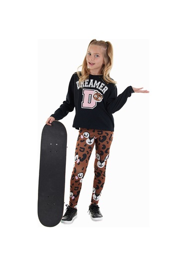 Denokids Leopar Kız Çocuk T-shirt Tayt Takım Renkli