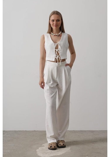 Modasize Bağlamalı Yelek - Beyaz Beyaz